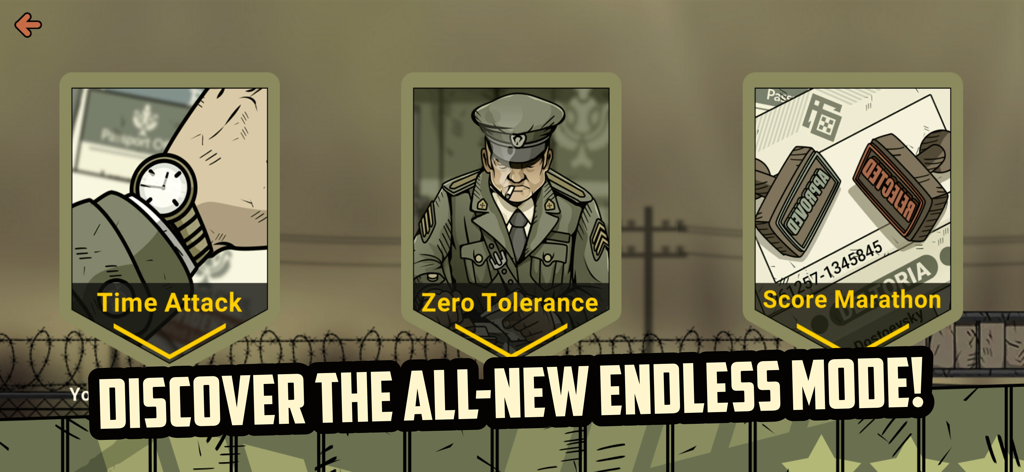 Black Border 2 game screen showing three endless modes: Time Attack, Zero Tolerance, and Score Marathon.