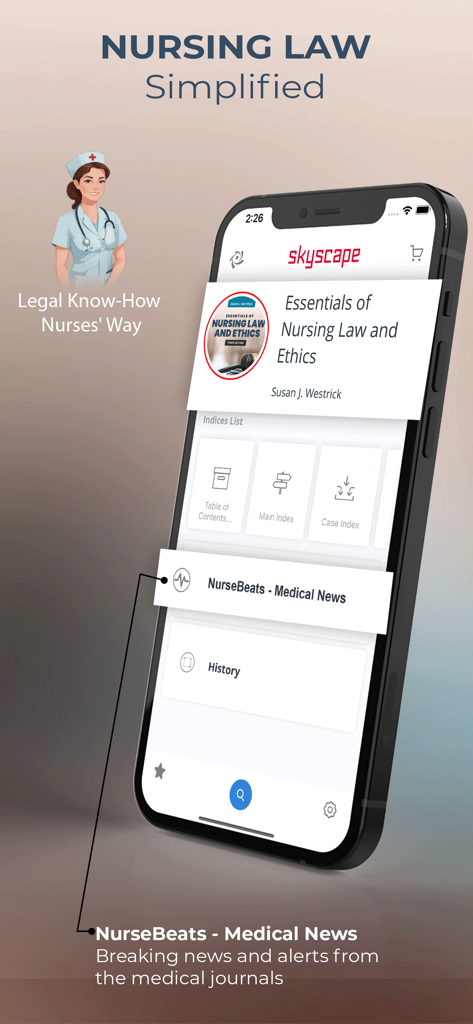 Essentials Nursing Law Ethics app interface showing nursing legal resources and NurseBeats medical news features on a smartphone screen.