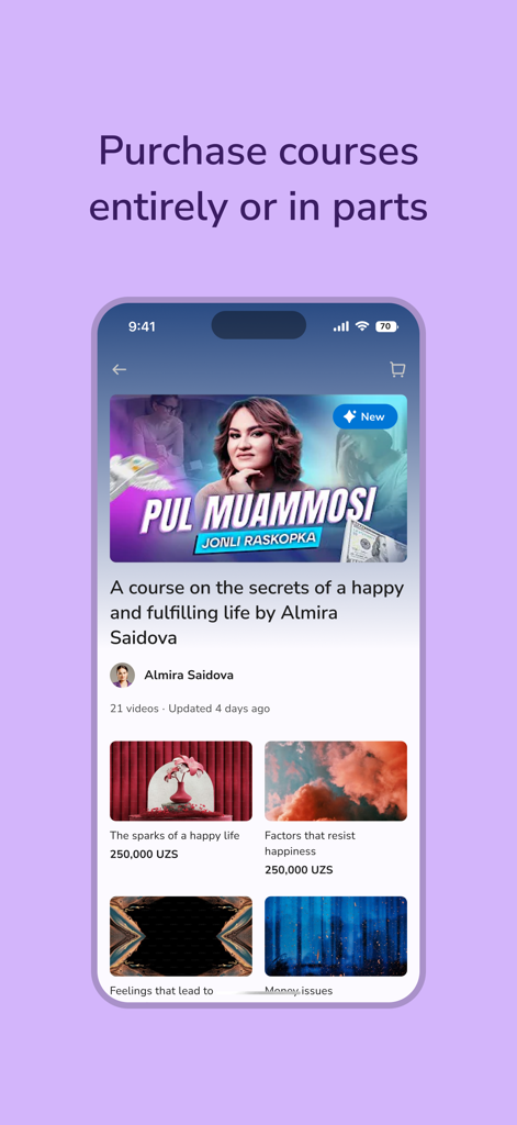 Amoria - Interfaz de la aplicación Amoria que muestra detalles del curso educativo con opciones para comprar cursos completos o lecciones individuales.