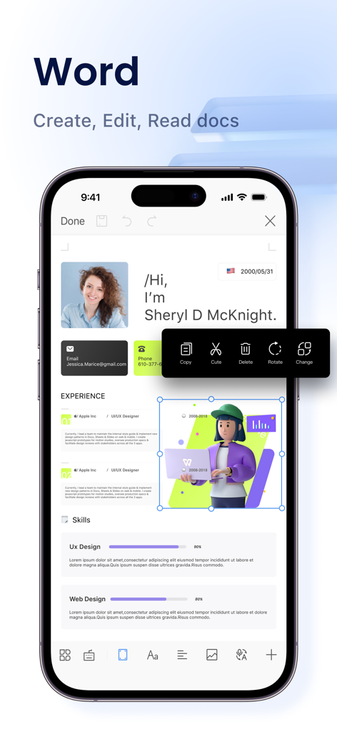 iPhone에서 이력서 편집 중인 WPS Office의 모바일 워드 프로세서 인터페이스