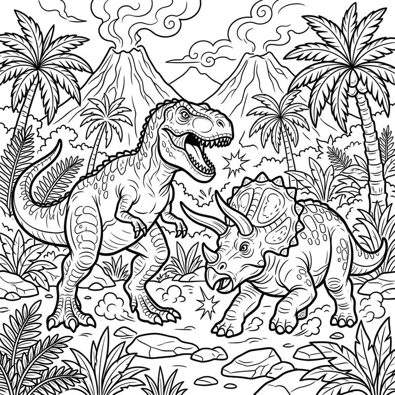 Dive into a thrilling prehistoric showdown with this T-Rex vs. Triceratops coloring page. Capture the intensity of these legendary dinosaurs battling amidst a lush jungle setting.