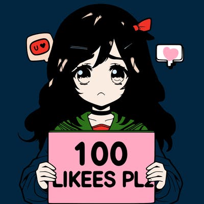 -anime girl sad holding a sign that says 100 likes plz