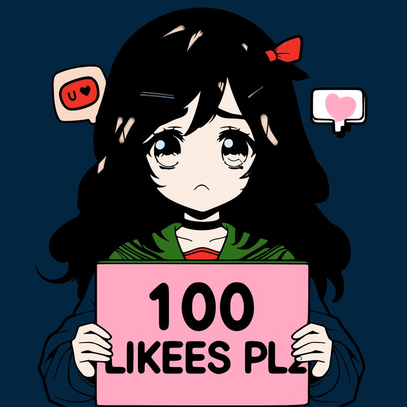 -anime girl sad holding a sign that says 100 likes plz