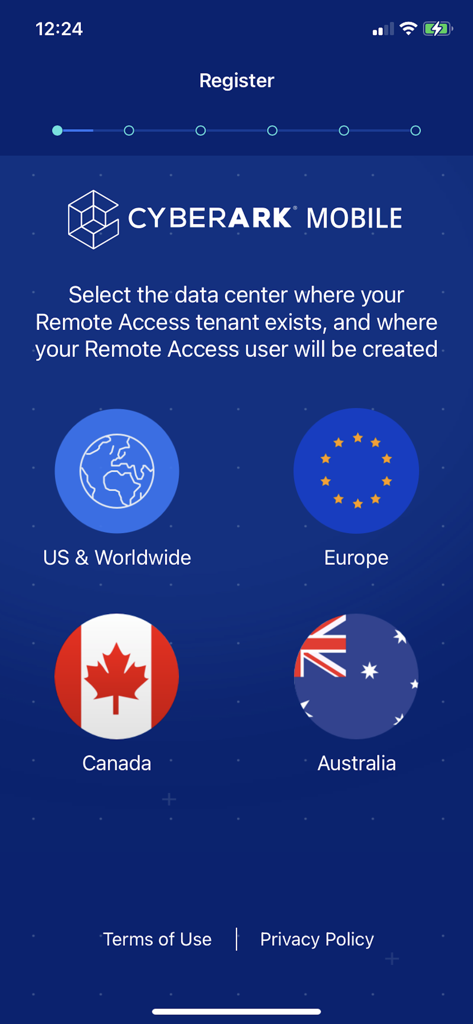 CyberArk Mobile - Tela de registro do CyberArk Mobile para seleção de uma região de data center, incluindo EUA, Europa, Canadá e Austrália