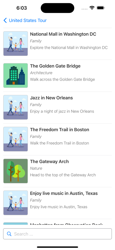 Iceland Travel Guide - Una interfaz de aplicación móvil que muestra una lista de atracciones de viaje con iconos, categorías y descripciones, incluyendo el Puente Golden Gate y el National Mall.