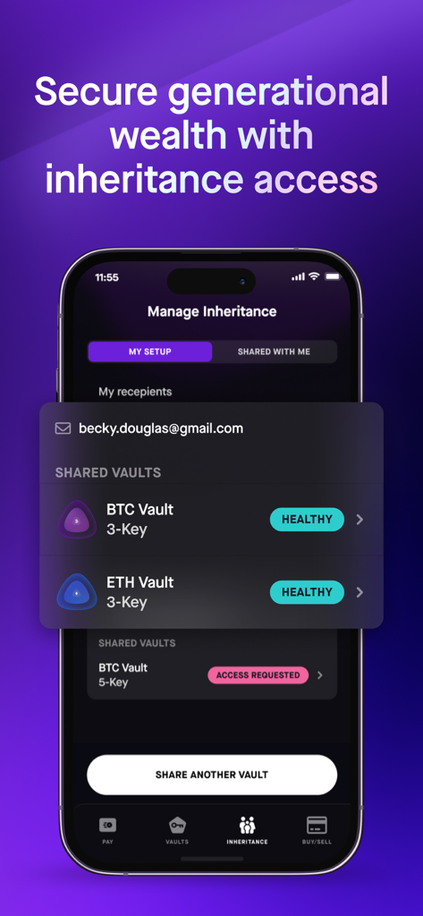 Casa: Bitcoin & Crypto Wallet - Screenshot of the Casa app inheritance management screen showing shared bitcoin and ethereum vaults for generational wealth security.