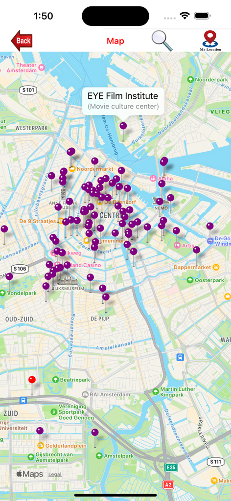 암스테르담 앱의 지도 보기, 보라색 핀으로 명소 표시, 빨간색 핀으로 호텔 위치 표시