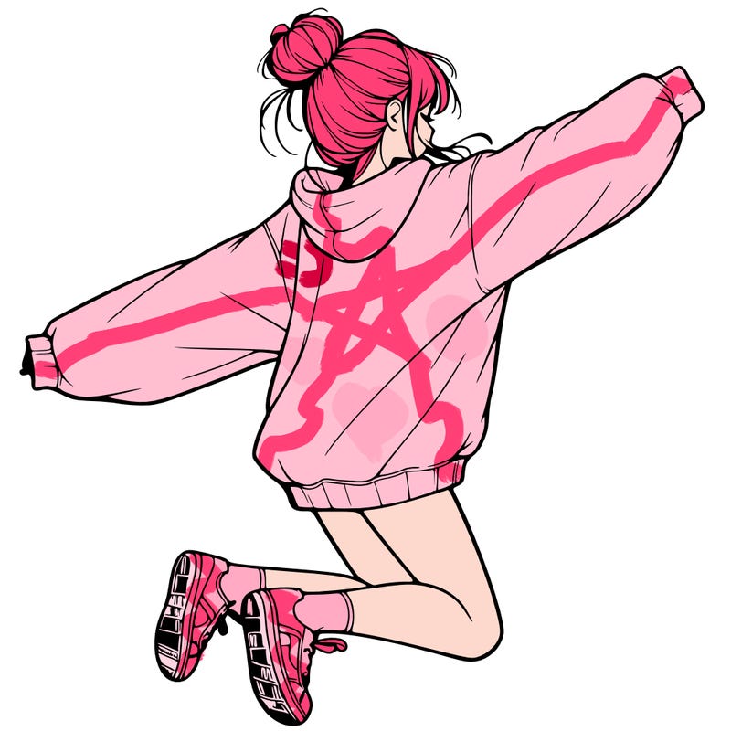 realistic girl jumping with a bun and oversized sweatshirt