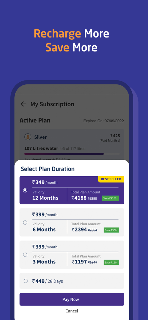 Livpure Smart mobile app interface for selecting water purifier subscription plans and recharging.