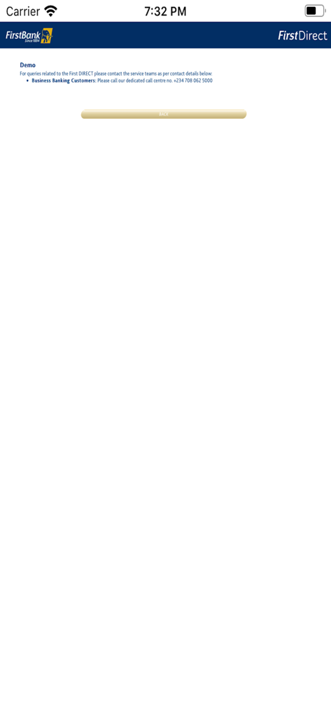 FirstDirect Mobileビジネスバンキング顧客向けの連絡サポートページ