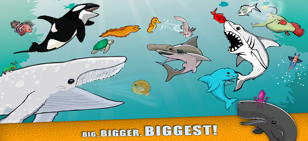 Various sea animals including a shark whale and orca in the ocean with the text big bigger biggest