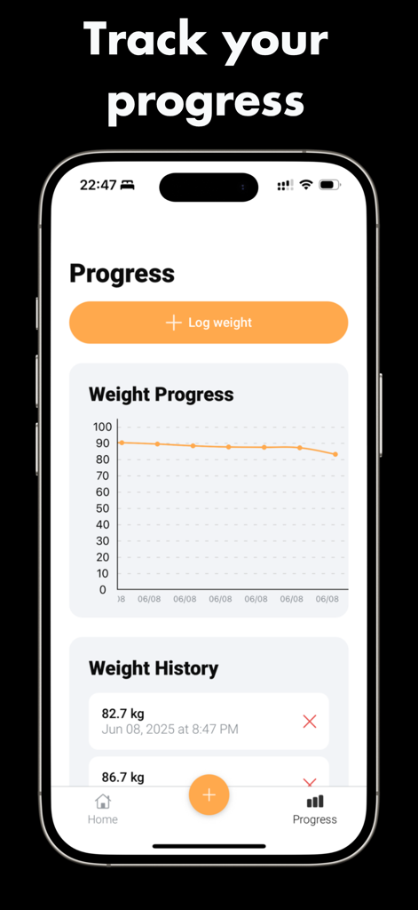 Meshitora: Track My Calories - Meshitora app interface showing weight progress line graph and weight history log