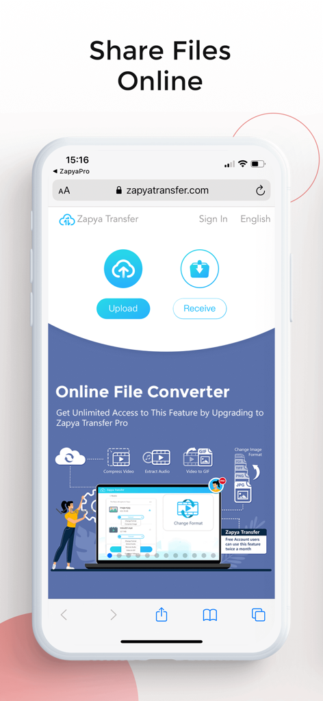 Zapya app online file transfer and media converter interface