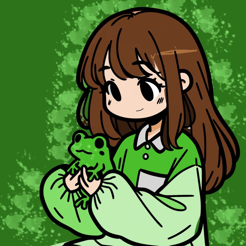 girl with long hair and a oversized shirt. and she is holding a frog