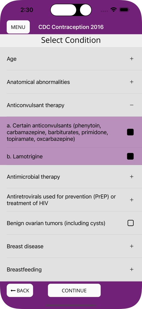 Screenshot of the CDC Contraception app showing a list of medical conditions to select for clinical guidance.