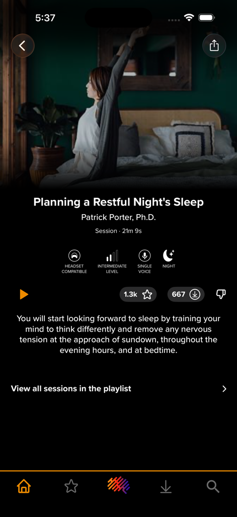 BrainTap app interface showing a sleep session titled Planning a Restful Night's Sleep