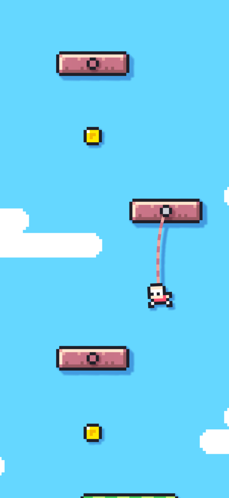 Roper - One Button Platformer - A pixel art character swinging from a rope to collect gold coins in a sky level
