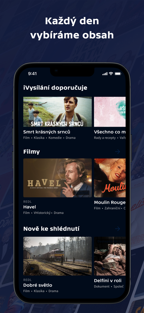 Pantalla de inicio de la aplicación iVysilani que muestra contenido televisivo checo curado, incluyendo películas y programas nuevos.