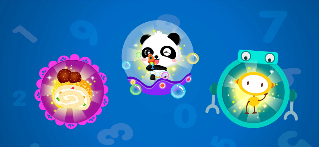 Math Genius-BabyBus - Colorful game icons featuring the BabyBus panda and animated characters used for learning math.