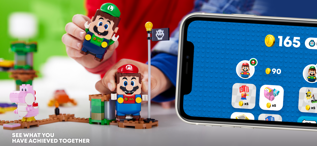 Children playing with LEGO Mario and Luigi figures while tracking digital coins and achievements on the companion app