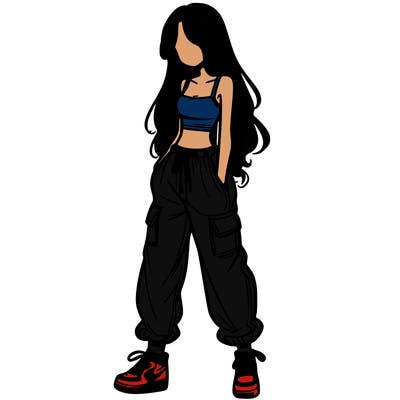 girl in baggy pants crop top and long hair