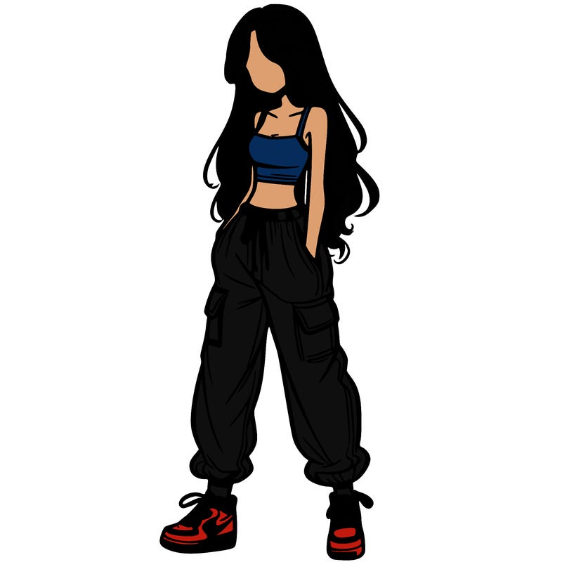 girl in baggy pants crop top and long hair