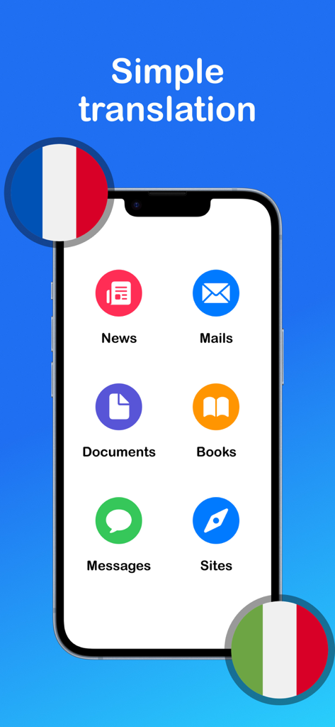 Translate Hola – AI Translator - Translate Hola mobile app screen showing options to translate news emails documents books messages and websites
