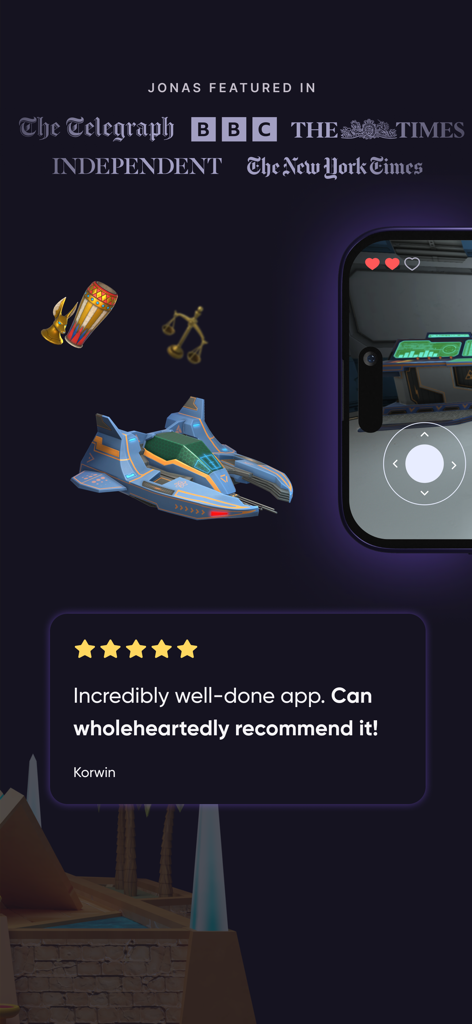 memoryOS・Improve Memory Skills - memoryOS app interface with 3D virtual mind palace elements and user testimonial alongside media endorsements