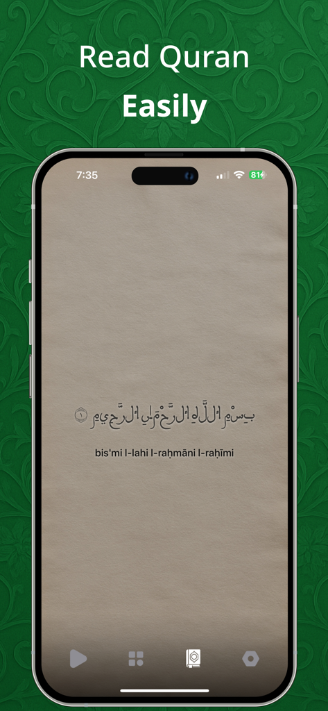 Mobile App-Bildschirm, der einen Koranvers mit arabischer Kalligraphie und englischer Transliteration anzeigt.