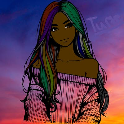 realistic girl with long hair wearing an off the shoulder sweater