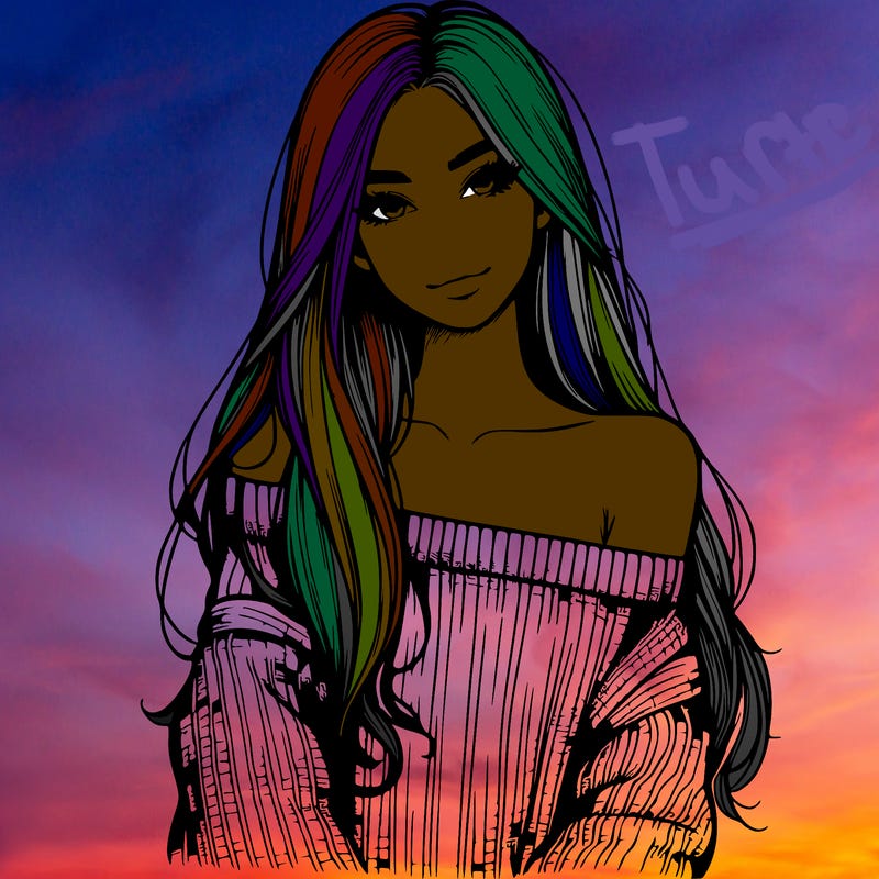 realistic girl with long hair wearing an off the shoulder sweater