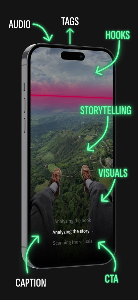 Go Viral - AI Video Tips - A smartphone showing the Go Viral app's AI features analyzing a video for hooks, storytelling, visuals, and engagement.