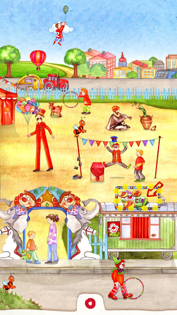 Animal Circus - Toddler's Seek & Find - A hand-drawn circus illustration featuring a ringmaster, clowns, and animals in a seek and find game for toddlers
