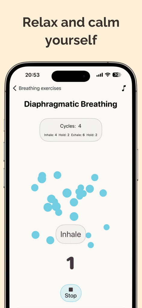 Gratitude Journal & Self Care - A guided diaphragmatic breathing exercise screen in the Gratefully self-care app featuring a minimalist interface and an inhale timer.
