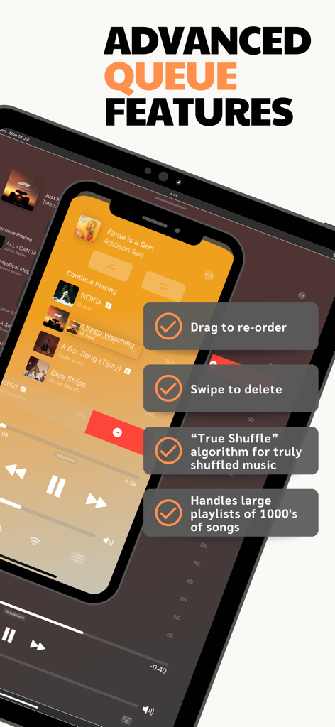 Interfaccia dell'app musicale Lysoniq che mostra funzionalità di coda avanzate come trascinamento per riordinare, scorrimento per eliminare e shuffle reale su iPhone e iPad