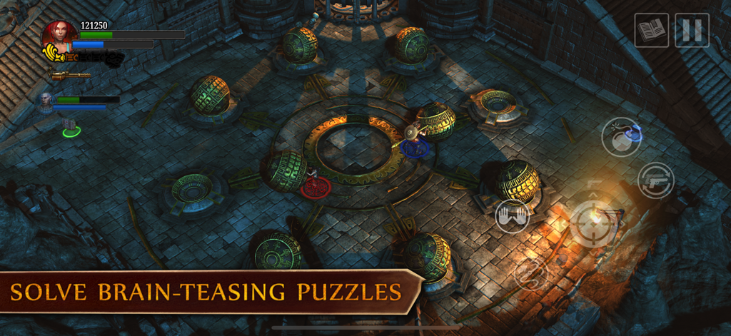 Lara Croft: Guardian of Light - Lara Croft and Totec solving a circular stone sphere puzzle in an ancient temple.