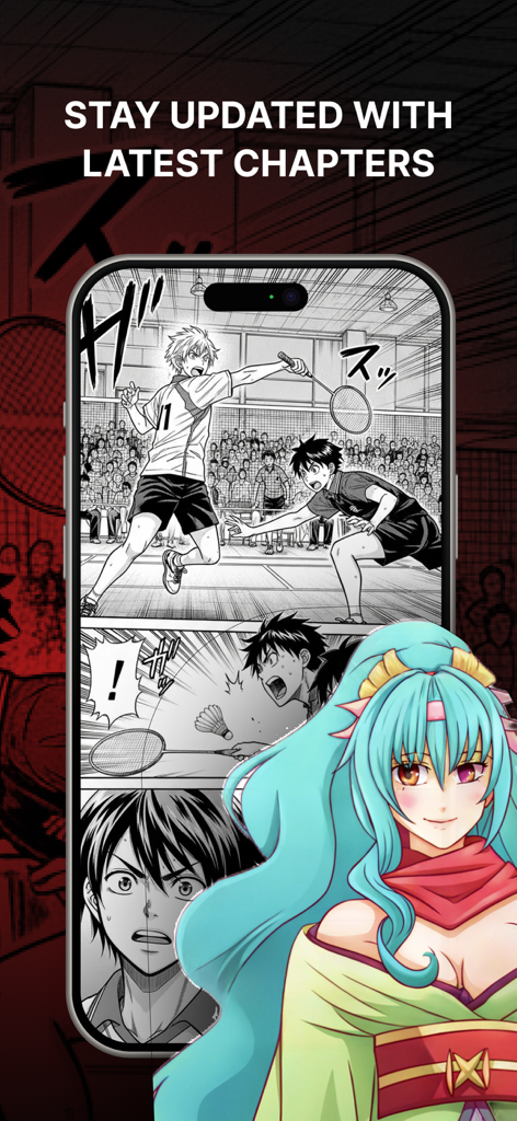 Manga Reader Infinity - Écran de smartphone affichant des planches de mangas sportifs avec le texte Restez à jour avec les derniers chapitres