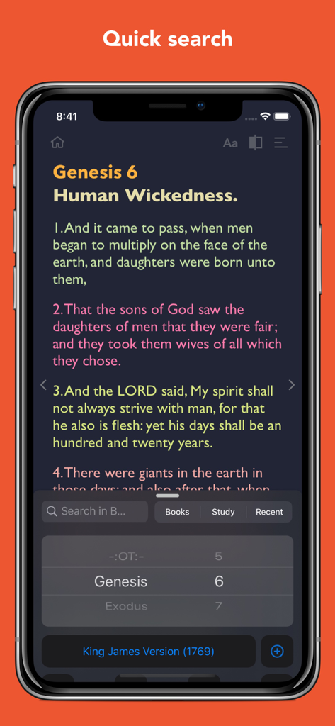 Interfaccia di ricerca rapida nell'app Bible InspiringLife che mostra la selezione delle scritture per il capitolo sei della Genesi