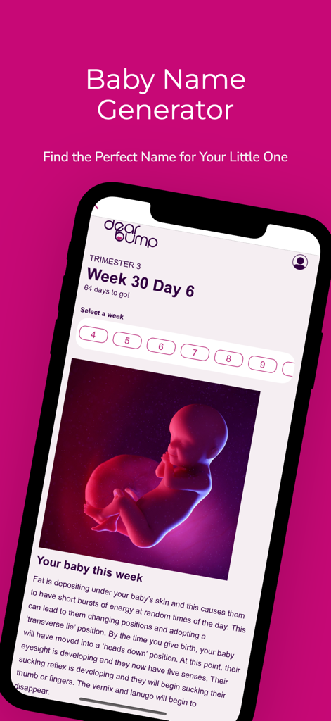 Dearbump: Pregnancy & Midwife - Dearbump App-Oberfläche, die die Babyentwicklung und Tracking-Informationen für Schwangerschaftswoche 30 anzeigt
