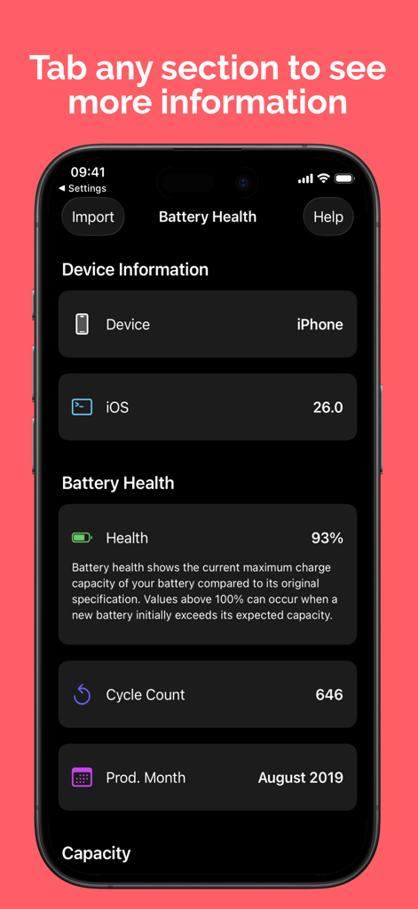 BAST: Battery Status - Interface of BAST app showing detailed iPhone battery health information and cycle count