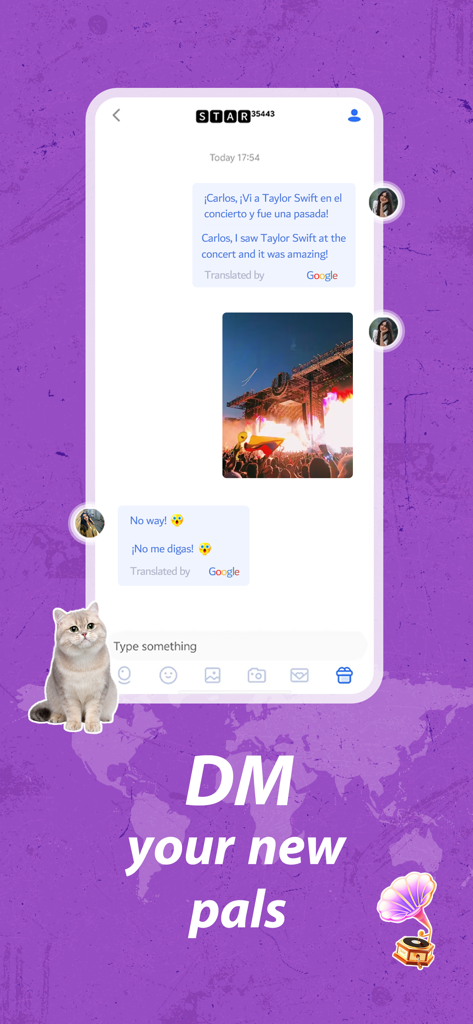 Migo Live 앱의 인터페이스에 자동 Google 번역 기능이 있는 다이렉트 메시지 채팅과 공유된 사진이 표시됩니다.