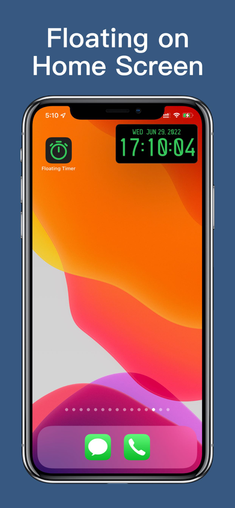 LCT Floating Timer - Stopwatch - A digital clock widget floating on an iPhone home screen
