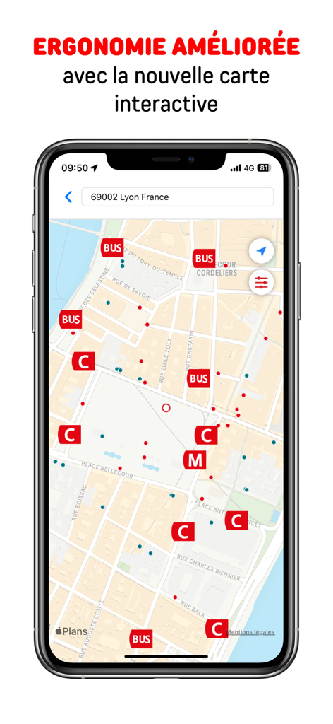 TCL - TCL mobile app interactive map showing public transport in Lyon
