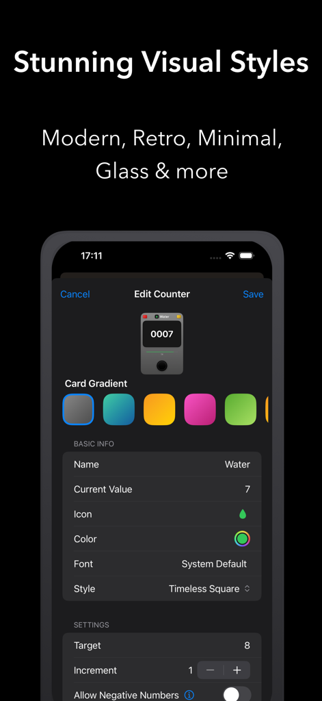 Numly AI: Smart Tally Counter - Interface for customizing counter visual styles and gradients in the Numly AI app