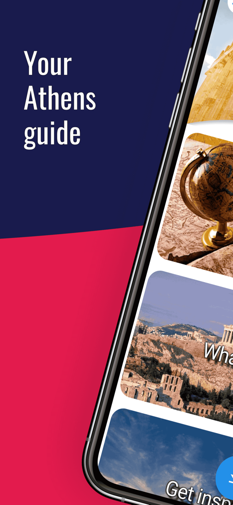 ATHENS Guide Tickets & Hotels - 아크로폴리스가 보이는 스마트폰의 아테네 여행 가이드 앱 인터페이스