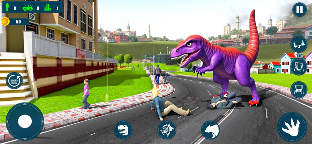 Gameplay screenshot of a purple dinosaur standing on a city street with transformation icons for other animals.