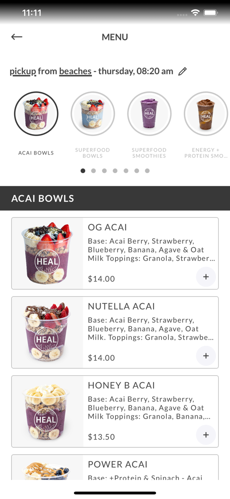 Heal Wellness app menu showing a variety of healthy acai bowls for online ordering