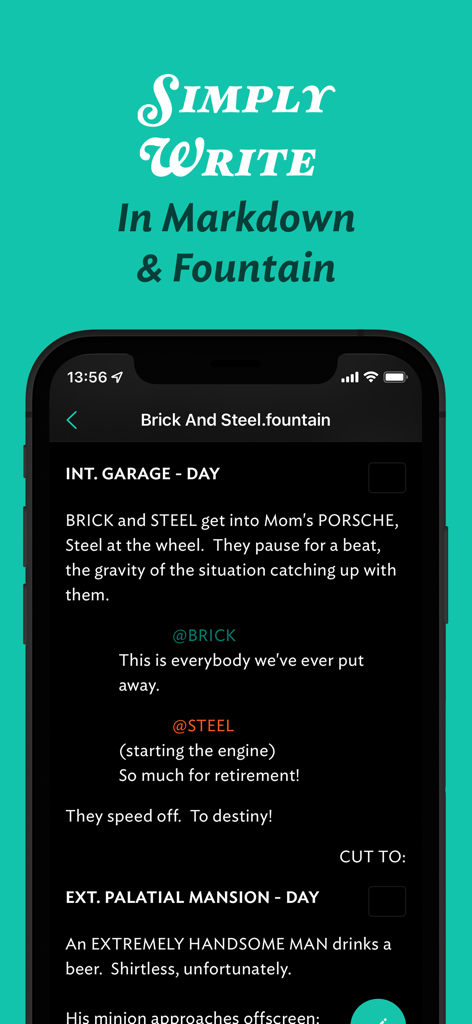 JotterPad - Novel, Screenplay - Fountain 구문으로 시나리오를 작성하기 위한 JotterPad 모바일 앱 인터페이스