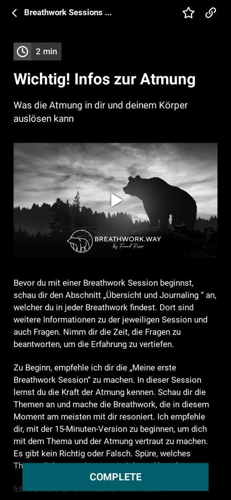 호흡 정보와 세션 동영상이 있는 Breathwork Way 앱 화면