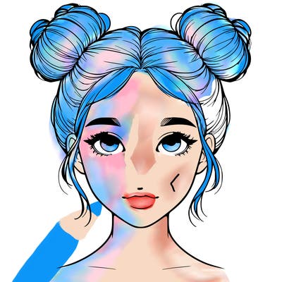 realistic girl with two buns on top of her head